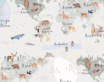 World Animals Map Fabric – Baby Nursery Quilting Cotton (by the Yard)  Large Scale
