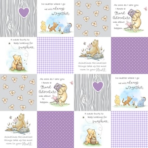May include: A Winnie the Pooh themed fabric panel with nine different squares. Each square features a different Winnie the Pooh quote and illustration. The quotes include "It never hurts to keep looking for sunshine", "Sometimes the smallest things take up the most room in your heart", "No matter where I go we will always be together", and "As soon as I saw you I knew a Grand Adventure was about to happen". The fabric is a light purple and gray color scheme with a variety of patterns including polka dots, gingham, and wood grain.