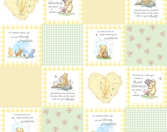 Vintage Pooh Charm Square Quilt Fabric - Winnie-the-Pooh Classic, Sage Green and Yellow, Fabric by the Yard