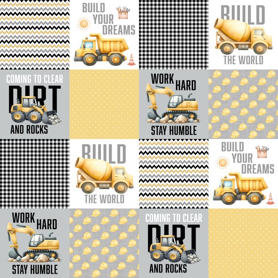 Construction Fabric - Truck Cheater Quilt Fabric - Nursery Patchwork Baby Boy Fabric by the Yard - Yellow and Black Fabric - Quilting Cotton