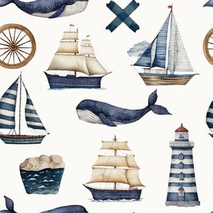 May include: Watercolor nautical pattern featuring sailboats, whales, a lighthouse, and a ship's wheel in shades of blue, tan, and white. The design includes various sailing vessels and marine life elements.