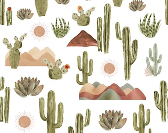 Western Fabric - Cactus Fabric - Desert Fabric - Southwest Fabric - Watercolor Sunset Fabric - Whimsical Fabric by the Yard - Medium Scale