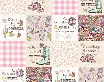 Western Disco Cowgirl Fabric - Cactus Fabric - Cheater Quilt Fabric - Nursery Patchwork Nostalgic dolly Quote Fabric by the Yard