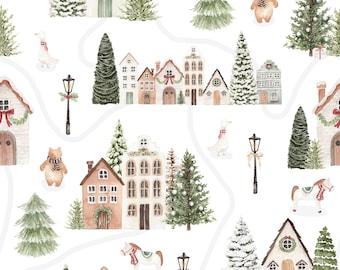 Winter Village Fabric by the Yard - Woodland, Forest, Snow, Holiday, Cottagecore, Quilting Cotton, linen, Poplin, Minky, Fleece Fabric - Med