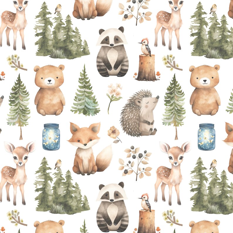 May include: A repeating pattern featuring watercolor illustrations of woodland animals and elements. The design includes deer, bears, raccoons, foxes, hedgehogs, birds, trees, flowers, and a jar with fireflies, all set against a white background.