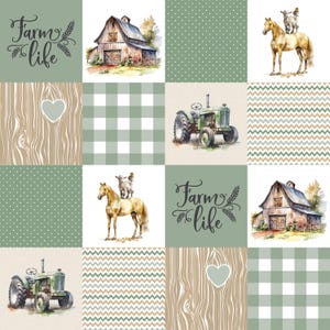 May include: A grid pattern fabric featuring repeating squares of farm-themed illustrations including a barn, a horse with a lamb, a green tractor, wood grain with a heart, sage green gingham, white polka dots, and the text Farm life.