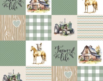 Farm Life Cheater Quilt Fabric - Oatmeal and Sage Green Patchwork - Farm Life Nursery Patchwork - Green Tractor Fabric by the Yard