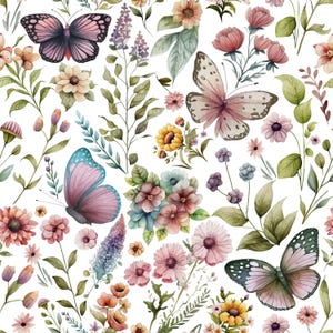 Butterflies Wildflower Floral Fabric - Quilting Cotton - Organic Knit - Jersey Knit - Lavender Girl Nursery Fabric - By the Yard Fabric