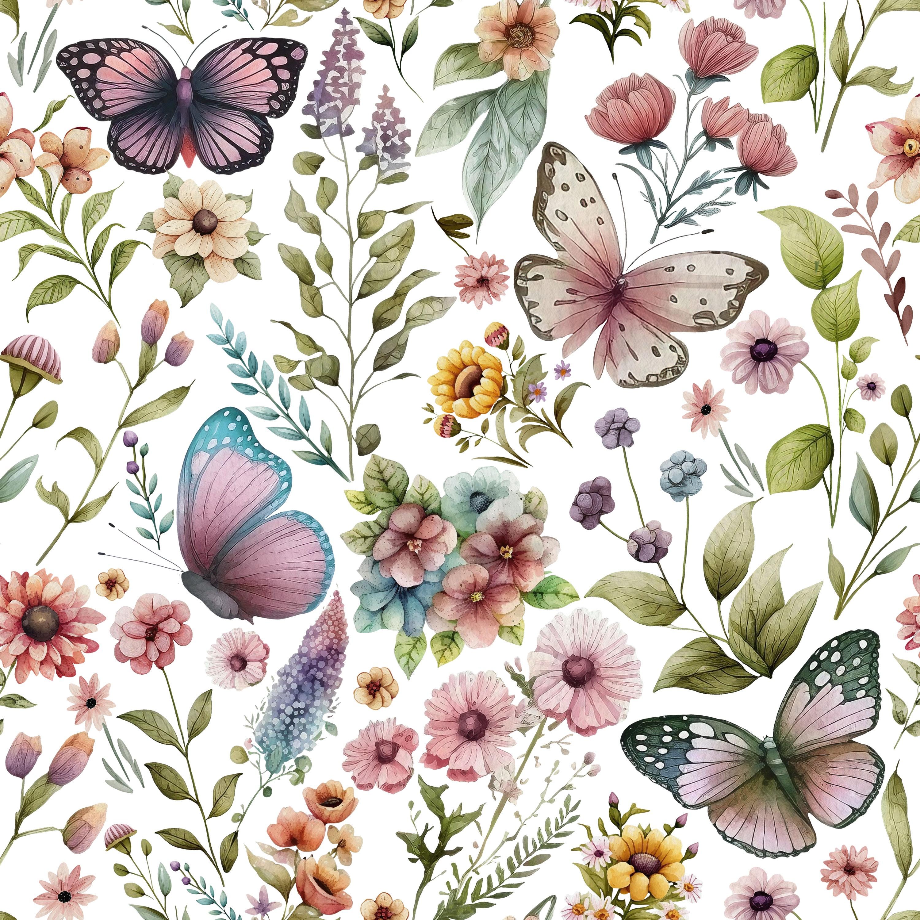 Butterflies Wildflower Floral Fabric - Quilting Cotton - Organic Knit - Jersey Knit - Lavender Girl Nursery Fabric - By the Yard Fabric