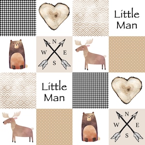 May include: A patchwork design featuring sixteen squares with illustrations of a brown bear, a moose, a heart-shaped wood slice, crossed arrows with compass directions, black and white buffalo check, beige chevron, and the text Little Man.