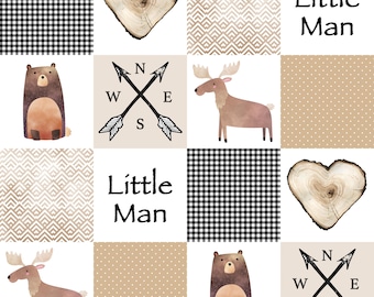 Woodland Animals Fabric - Forest Fabric - Moose Patchwork Fabric - Cheater Quilt Little Man Fabric by the Yard