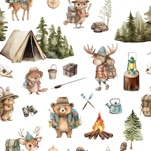 Camping Fabric - Woodland Animal Fabric - Whimsical Fabric - Cute Happy Cheerful White Nursery Fabric by the Yard - Large Scale