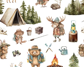 Camping Fabric - Woodland Animal Fabric - Whimsical Fabric - Cute Happy Cheerful White Nursery Fabric by the Yard - Large Scale
