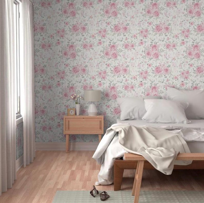 Floral Linen Pink Wallpaper Oversized Wallpaper Blush Flowers Floral