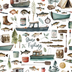 Gone Fishing Fabric - Fishing Fabric - Nature Earth Tones Fabric - Fish Fabric - Fishing Boy Material by the Yard by Delish Designs - Medium
