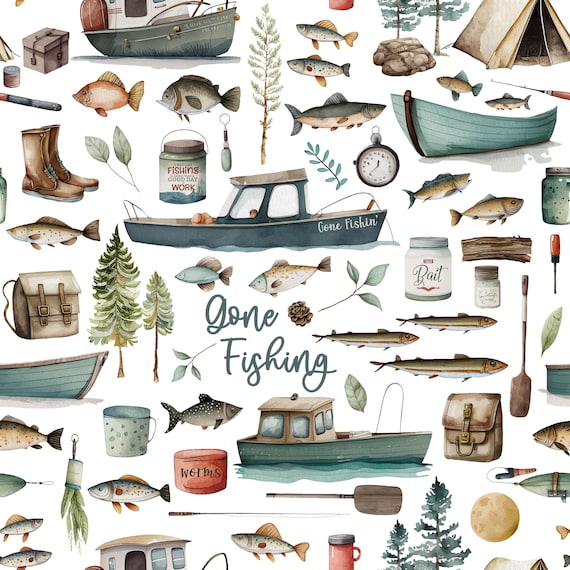 Gone Fishing Fabric - Fishing Fabric - Nature Earth Tones Fabric - Fish Fabric - Fishing Boy Material by the Yard by Delish Designs - Medium