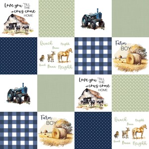 May include: A digital collage of farm-themed images. The collage includes a blue tractor, a barn, cows, a horse, a duck, a hay bale, and a checkered pattern. The text "Love you 'till the cows come home" and "Farm Boy" are also included.