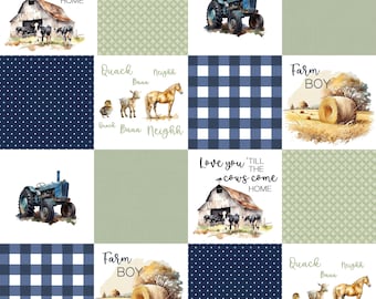 Farm Boy Cheater Quilt Fabric - Navy and Sage Green Patchwork - Farm Life Nursery Patchwork - Blue Tractor Fabric by the Yard