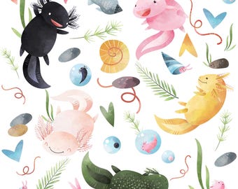 Axolotl Fabric - Salamander Fabric - Mexican Wildlife Fabric - Gamer Fabric - Quilting Fabric - Amphibian Pet Fabric by the Yard - Gaming