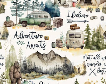 Bigfoot Fabric - Sasquatch Forest Fabric - Whimsical Cryptid Cryptozoology - Linen Large Scale - Cotton Fabric By The Yard by Delish Designs