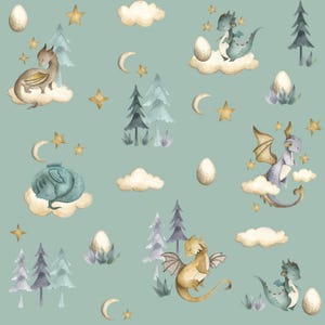 Baby Dragon Fabric - Little Baby Dragons - Whimsical Fun Cute Happy Cheerful Sage Green Fabric by the Yard - Dragons Fabric