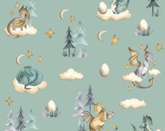 Baby Dragon Fabric - Little Baby Dragons - Whimsical Fun Cute Happy Cheerful Sage Green Fabric by the Yard - Dragons Fabric