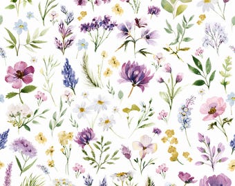 Wildflower Fabric by the Yard - Lavender Girl Nursery Fabric - Watercolor Floral Minky - Botanical Fabric - Floral Quilting Cotton
