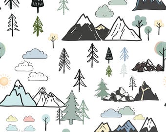 Minimalist Nature Fabric - Mountain Fabric - Quilting Cotton- Linen Fabric - Neutral Adventure Mountains Outdoor Fabric by the Yard - Medium