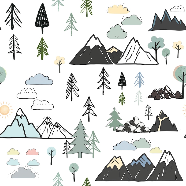 May include: A whimsical pattern featuring hand-drawn illustrations of mountains, trees, clouds, and a sun on a white background. The design incorporates various shades of green, blue, and gray, creating a playful and nature-inspired aesthetic. Ideal for children's decor or fabric.