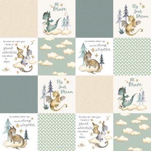May include: A green and beige fabric with a repeating pattern of dragons, clouds, stars, and trees. The fabric features the text "Be Brave", "Fly Soar Dream", and "No matter where I go we will always be together".