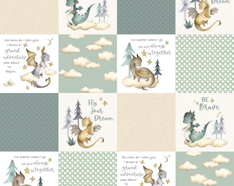 Dragons Cheater Quilt Fabric - Cute Dragon Fabric - Gender Neutral Patchwork Fabric - Sage Green and Cream by the Yard by Delish Designs