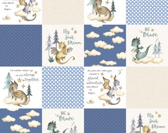 Dragons Cheater Quilt Fabric - Cute Dragon Fabric - Gender Neutral Patchwork Fabric - Slate Blue and Cream by the Yard by Surrey Lane Design