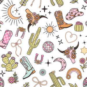 Disco Cowgirl Fabric - Pink Cowgirl Boots Fabric - Coquette Fabric - Western Fun Cute Cheerful White Pink Fabric by the Yard - Large Scale