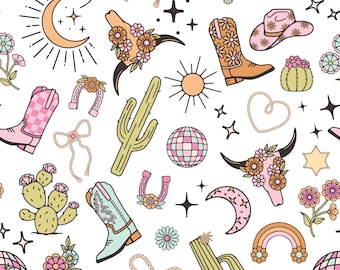 May include: A seamless pattern featuring a variety of western-themed illustrations, including cacti, cowboy boots, horseshoes, stars, moons, and rainbows. The illustrations are drawn in a cartoon style with bright colors and a whimsical feel.