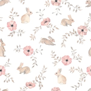 May include: A repeating pattern with watercolour illustrations of rabbits, pink flowers, and leafy branches on a white backdrop. The rabbits are in different poses, and the flowers have dark centres.
