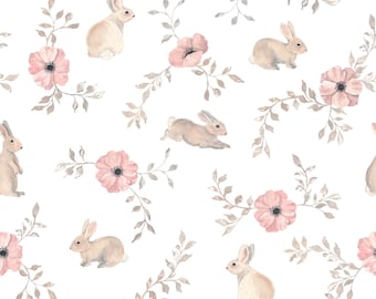 Bunny Fabric - Rabbit Fabric - Easter Fabric - Floral Spring Fabric by the Yard - Easter Bunny Fabric - Bunny Blossom Fabric - Medium