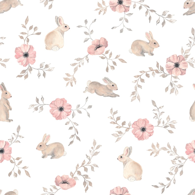 May include: A seamless pattern featuring watercolor illustrations of rabbits, pink flowers, and leafy branches on a white background. The rabbits are depicted in various poses, and the flowers have dark centers.