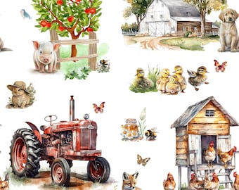 Animals on the Farm Fabric - Fabric by the Meter - Fabric by the Yard - Farmhouse Quilting Cotton - Medium Scale