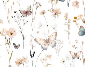 Butterfly Floral Fabric - Butterfly Fabric - Flower Fabric - Butterflies Wildflower Fabric - Watercolor Earthy Fabric by the Yard - Medium