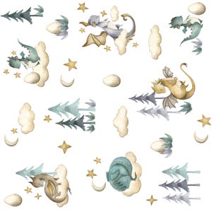 Baby Dragon Fabric - Little Baby Dragons - Whimsical Fun Cute Happy Cheerful White Teal Fabric by the Yard by Delish Designs ROTATED