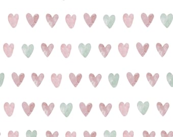 Pink and Sage Green Hearts Fabric - Organic Quilt Cotton - Jersey Knit - Girl Nursery Fabric - Valentine's Day Heart Fabric - Medium Scale
