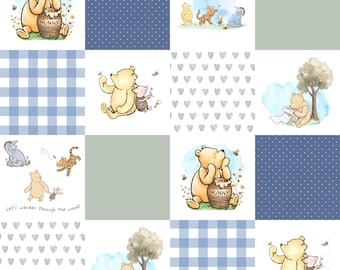Winnie-the-Pooh Fabric - Cheater Quilt Classic Pooh Bear Nursery - Patchwork Fabric Sage Green and Dusty Blue - Fabric by the Yard