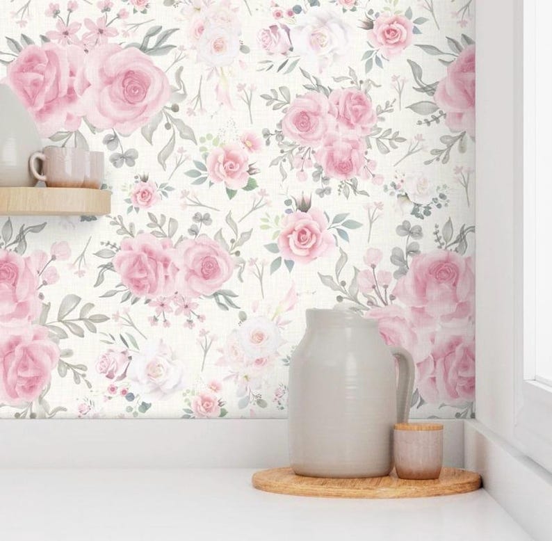 Floral Linen Pink Wallpaper Oversized Wallpaper Blush Flowers Floral