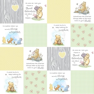 May include: A Winnie the Pooh themed fabric featuring a yellow and white gingham pattern, a gray woodgrain pattern, and a green pattern with small hearts. The fabric includes quotes from Winnie the Pooh, such as "No matter where I go we will always be together" and "As soon as I saw you I knew a Grand Adventure was about to happen."
