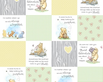 Pooh Cheater Quilt Fabric - Winnie-the-Pooh Classic - Gender Neutral Nursery Patchwork Fabric Green and Yellow by the Yard