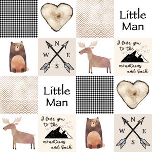 Peut inclure: Une courtepointe de pépinière beige et brune avec un motif de patchwork. La courtepointe présente une boussole, un élan, un ours, un cœur et le texte "Little Man" et "I love you to the mountains and back".
