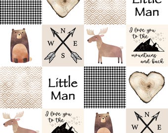 Woodland Animals Fabric - Forest Fabric - Moose Patchwork Fabric - Cheater Quilt Little Man Fabric by the Yard