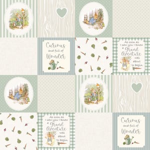 May include: A fabric panel featuring a grid of Peter Rabbit illustrations, text reading Curious and full of Wonder and As soon as I saw you I knew a Grand Adventure was about to begin, carrots, radishes, hearts, and stripes in sage green and cream.