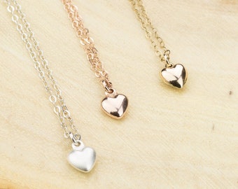 Heart Charm Necklace. Dainty Gold Heart Pendant. Tiny Puffed Heart Jewelry. Bridesmaid, Best Friend Necklace. Gold fill, Silver, Rose Gold