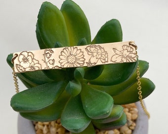 Birth Flower Bar Necklace. Flower Bouquet Gold Bar Necklace. Kids Birth Flower Necklace. Birth Flower Jewelry. Gift for Mom, Grandma, Sister